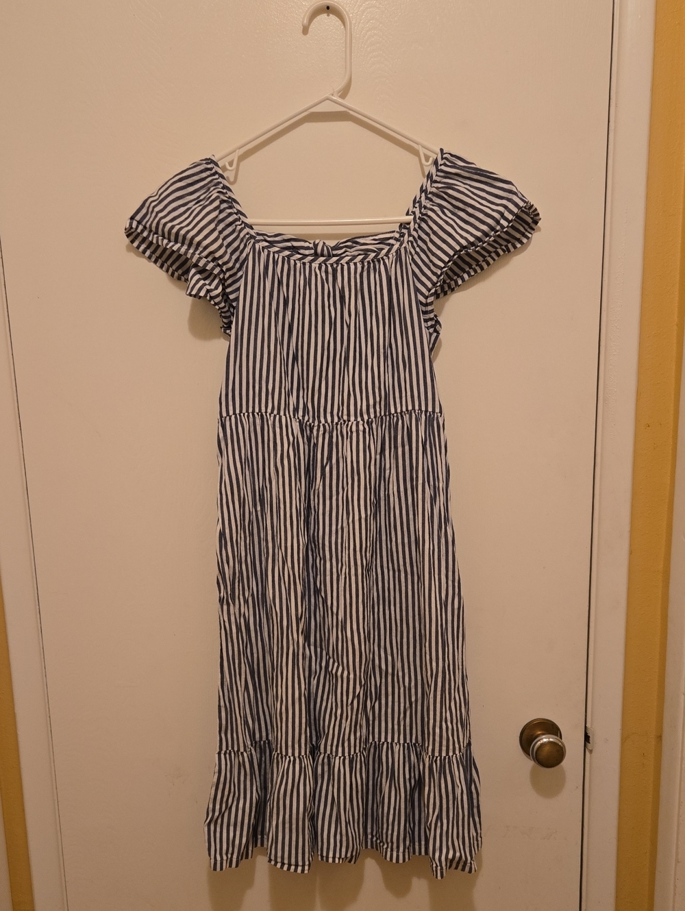Girl's Old Navy Blue and White Striped Off-Shoulder Tiered Dress.